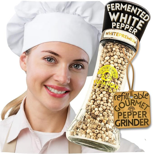 White Pepper Grinder with Fermented white peppercorns Whole Organic Peppercorns YUPANQUI - Gourmet Peppercorn Grinder with Seabreeze hints for MEDITERRANEAN CUISINE, Refillable Pepper Mill 3.5oz