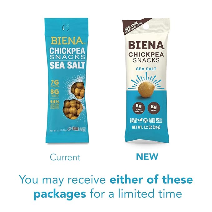 BIENA Chickpea Snacks - Crunchy Roasted Chickpeas - High Fiber Vegan Protein Snacks for Adults and Kids - 10-Pack, 1.2 Ounce Bags - Sea Salt
