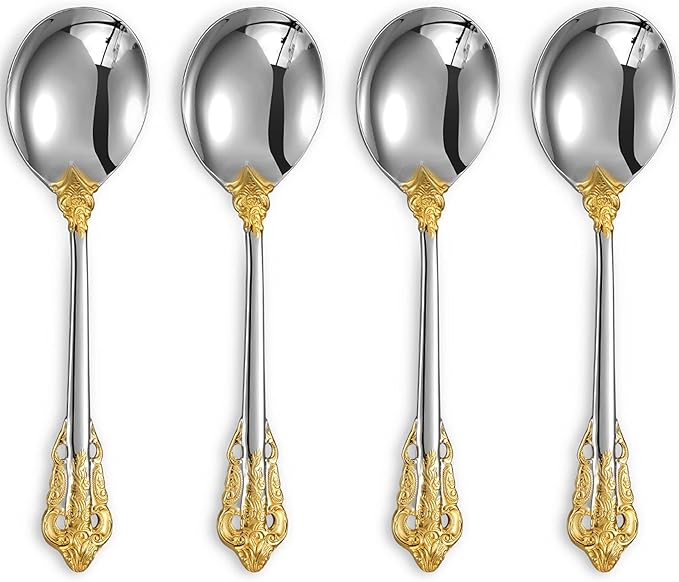 KEAWELL Gorgeous Round Soup Spoon, Set of 4, 18/10 Stainless Steel, Luxury Bouillon Spoon, Dishwasher Safe, Fine Mirror Polished (Gold Accent)