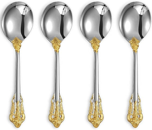KEAWELL Gorgeous Round Soup Spoon, Set of 4, 18/10 Stainless Steel, Luxury Bouillon Spoon, Dishwasher Safe, Fine Mirror Polished (Gold Accent)