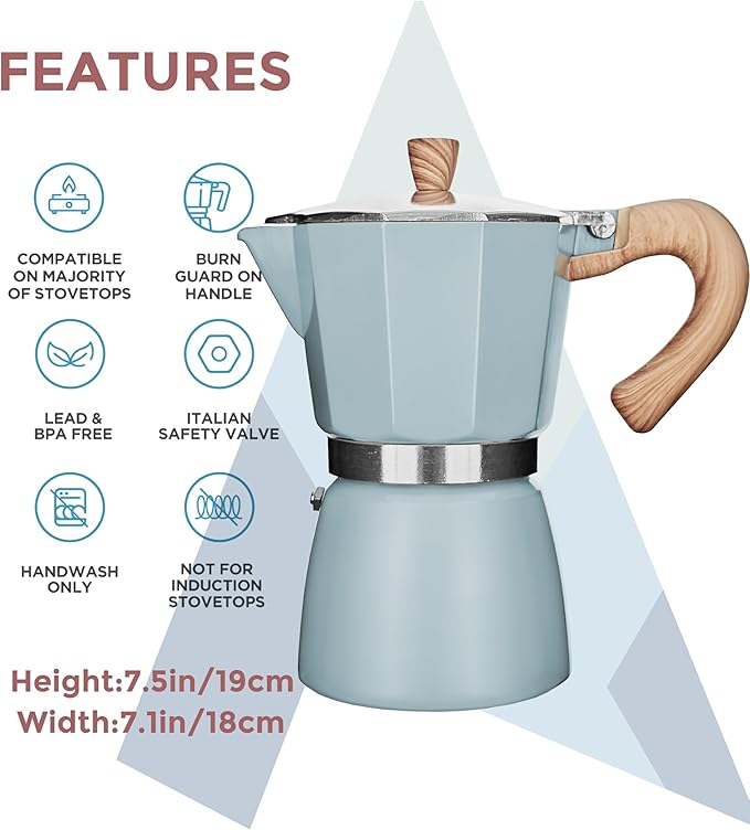 AGOGO Milano Moka Pot, Stovetop Espresso Maker, Greca, Coffee Percolator, Turkish Coffee Maker with Paper Filter 6 Cup Lake Blue