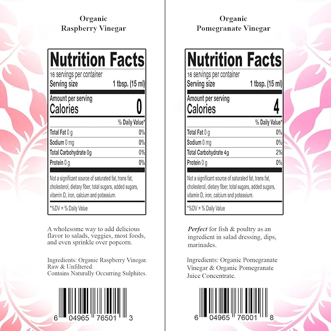 De La Rosa Organic Raspberry & Pomegranate Vinegar, Raw & Unfiltered, Vegan, Gluten Free & Kosher, Great for Organic Salad Dressing and Marinades, 100% Pure Vinegars 8.45 Oz (Pack of 2)