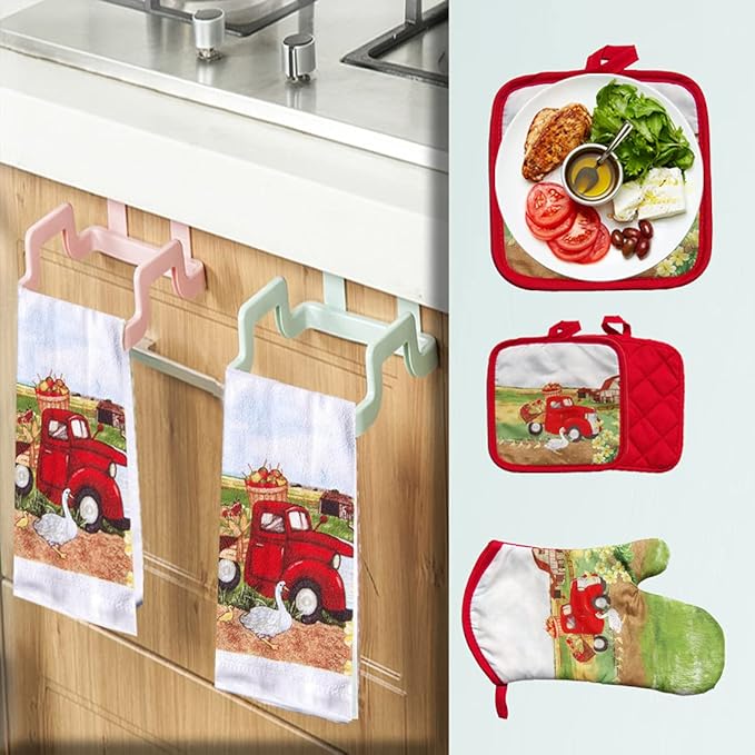 Lobyn Value Packs: 5 Piece Kitchen Towel Set with Vintage Red Truck Design, 2 Decorative Dish Towels, 1 Oven Mitt & 2 Potholders for Countryside Elegance