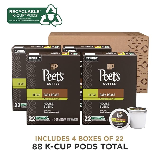 Peet's Coffee, Dark Roast Decaffeinated Coffee K-Cup Pods for Keurig Brewers - Decaf House Blend 88 Count (4 Boxes of 22 K-Cup Pods) (Pack of 2)
