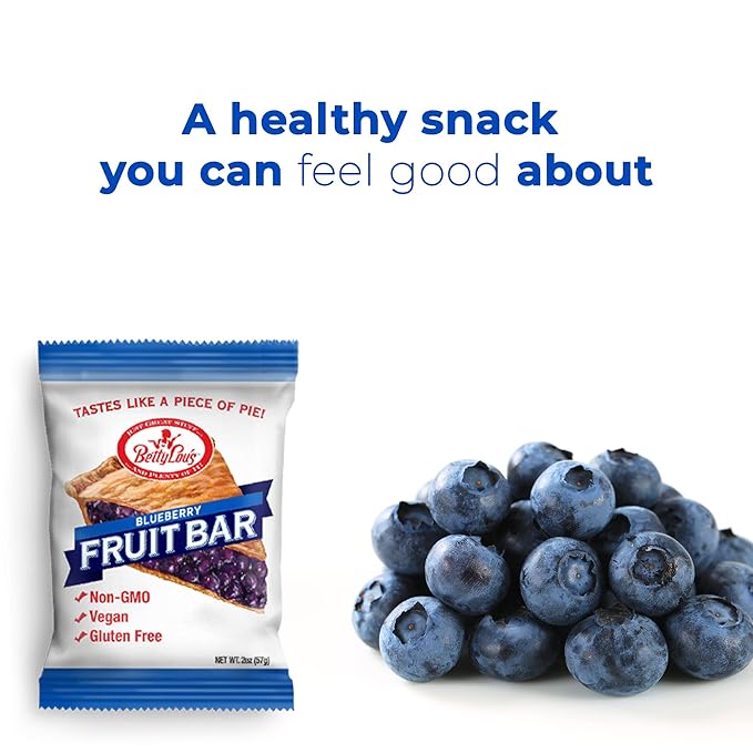 Betty Lou's Fruit Bars, Blueberry Pack of 12, Gluten Free, Vegan, Non GMO, Deliciously Healthy Snacks Made with All Natural Fruit Juice, Individually Wrapped, 2 oz. Each, 12 Bars
