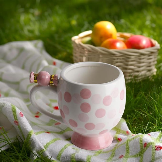 Ceramic Mug Cute Candy Shape, Unique Holiday Mug with Handle Hot Cocoa Cup Perfect for Tea & Coffee Lovers, Gifts for Family Friends or Children 12 OZ (Pink Dots)
