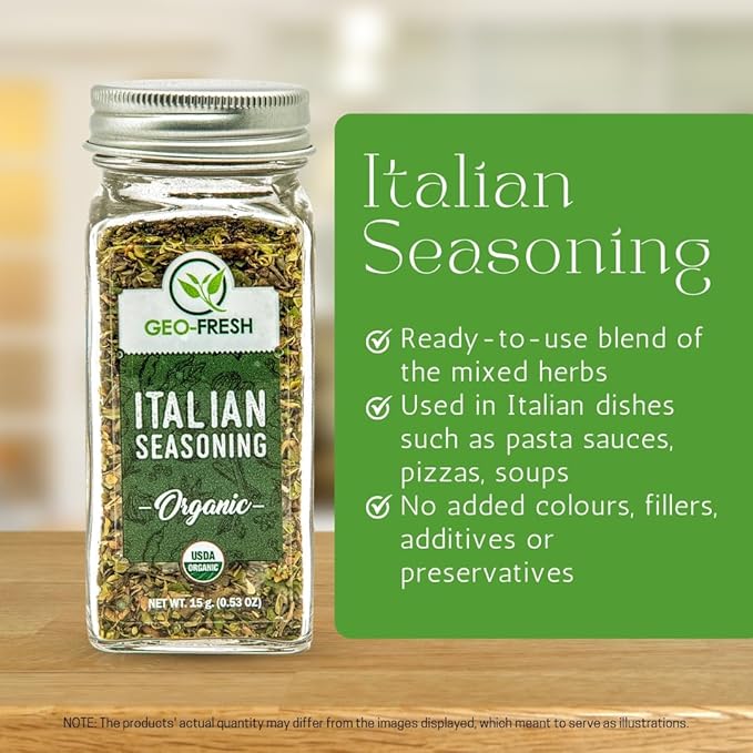 Geo-Fresh Organic Italian Seasoning, 0.53 oz (15g), Non-GMO, Kosher, 100% Organic Herbs, Basil, Oregano, Parsley, Thyme, USDA Certified