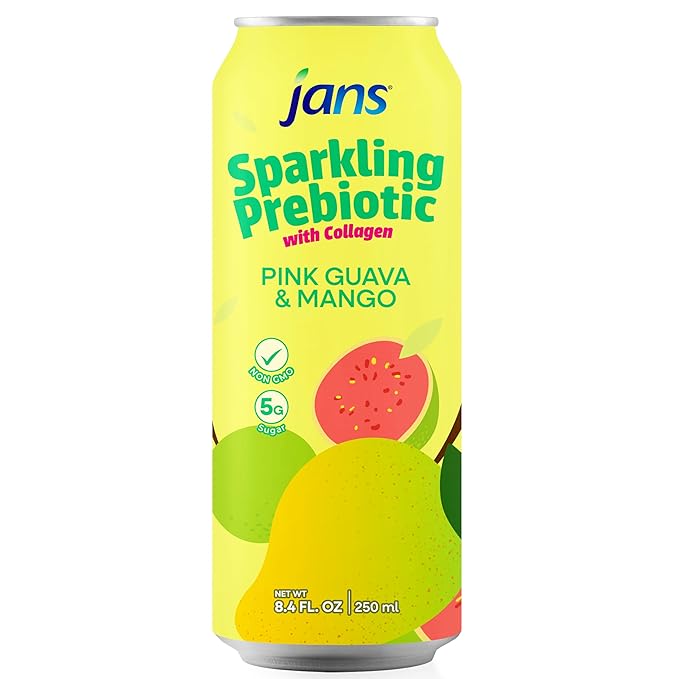 Jans Sparkling Prebiotic with Collagen Soda Beverage ??Pink Guava & Mango 8.4 Fl Oz (24-Pack) ??Low Calorie, NO Added Sugar, Non-GMO Sparkling Fruit Beverage, Gut Health Support