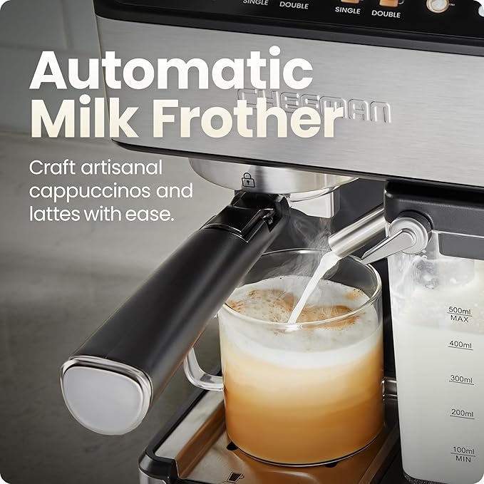 Chefman Caf챕Master Pro Espresso Machine, Brew Single or Double Shots, Coffee Maker with Built-In Milk Frother for Cappuccino & Latte, XL 1.8 Liter Removable Water Reservoir - Stainless Steel