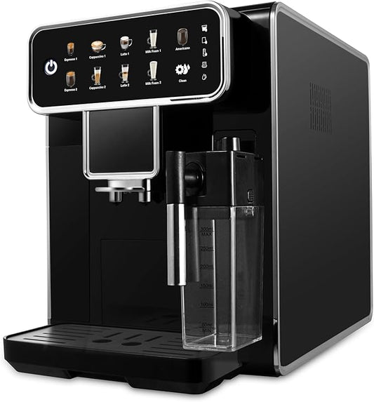 Fully Automatic Espresso Machine 12 Cup Coffee Maker One-Touch Cappuccino/Latte/Americano/Espresso with Self-Cleaning & Adjustable Grinder for Home/Office/Coffee Lovers/Busy Workers/Small Caf챕s