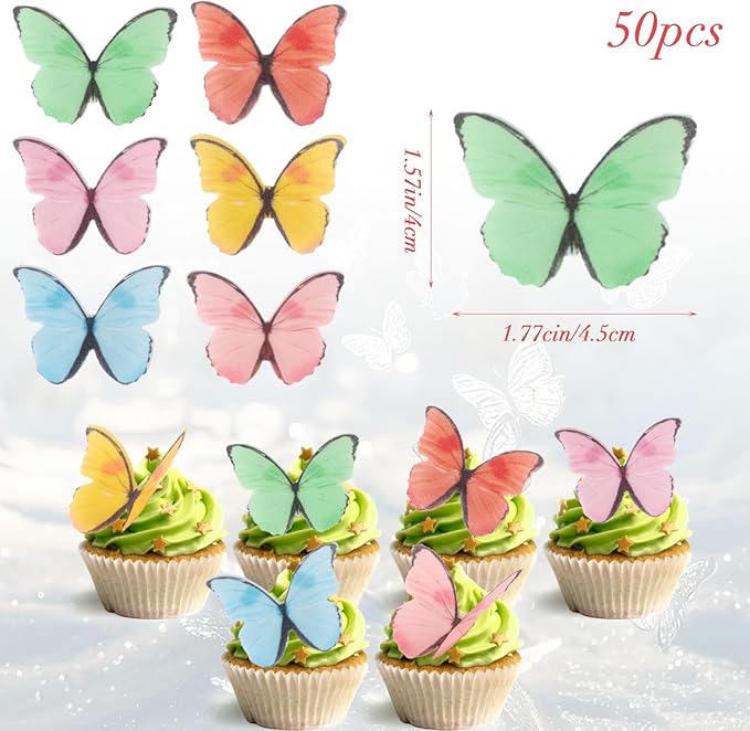 48Pcs Edible Butterfly Cake Decorations, Colorful Wafer Paper Butterflies Cupcake Toppers, Vivid Edible Butterflies for Wedding, Anniversary, Birthday Party Cake Decoration (Mixed Colors)
