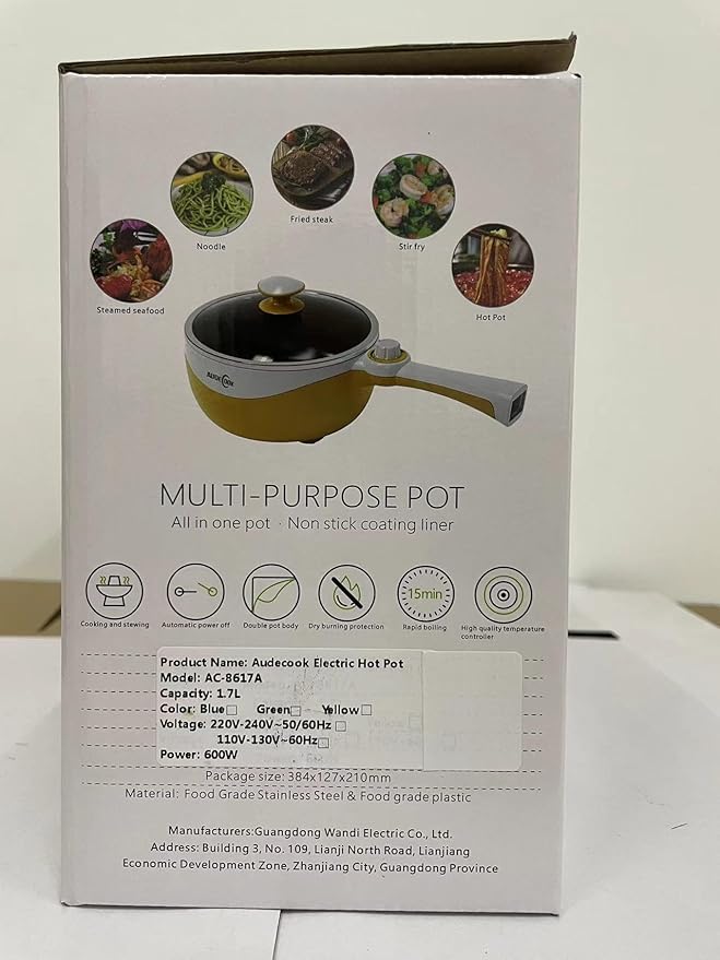 Audecook Hot Pot Electric, 1.7L Mini Electric Skillet Portable Nonstick Saut챕 Pan with Power Adjustment,Ramen Cooker Travel Multicooker for Steak/Soup/Egg/Oatmeal/Noodles