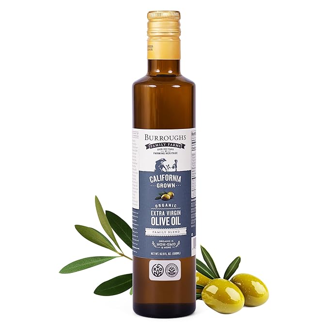 Burroughs Family Farms Premium Organic Extra Virgin Olive Oil ??Cold-Pressed California EVOO, Polyphenol Rich Family Blend ??Regenerative Organic & USDA Certified, Non-GMO, Gluten-Free ??500ml (16.9 fl oz) Glass Bottle