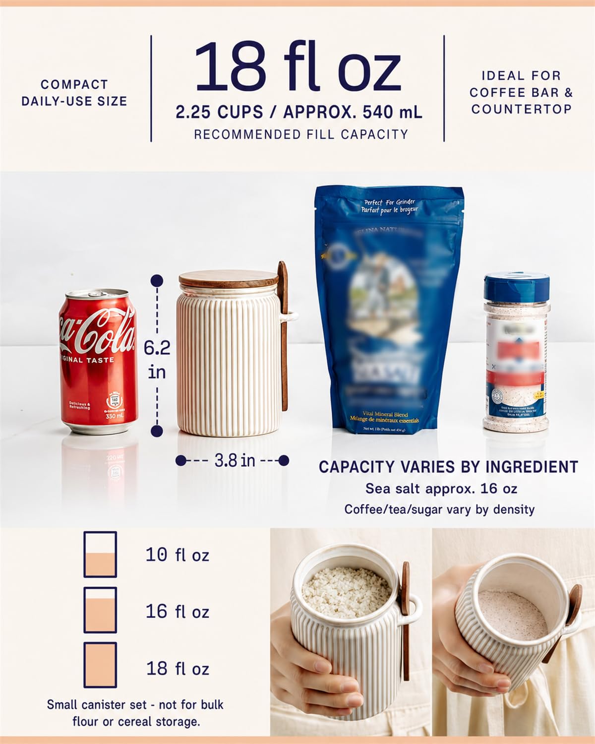 getstar Small Canisters Sets for the Kitchen, 18 oz Sugar Coffee Tea Storage Containers, Ceramic