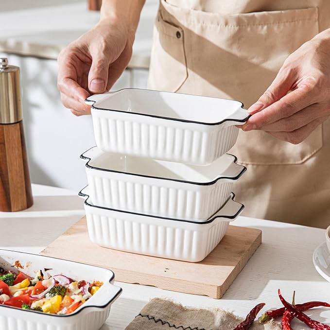 Ceramic Casserole Dish Set with Handles Sets of 4 - Oven, Microwave & Dishwasher Safe 12OZ Rectangular Bakeware |Deep Baking Pans for Lasagna, Cake, Cooking & Gift Use