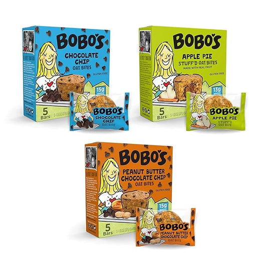Bobo's Oat Bites Stuff???Variety Pack, (Chocolate Chip, Peanut Butter Chocolate Chip and Apple Pie) Pack of 15 (1.3 oz Bites) 5 of each, Gluten Free Whole Grain Rolled Oats