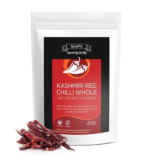 SpiceFix - Whole Kashmiri Red Chilli Pepper, Mild to Medium Heat Natural Stemless Chillies, Sun-Dried Red Pepper, Indian Dried Chili Peppers in a Resealable Bag, 2.6 Ounces