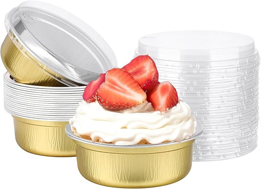Beasea Disposable Ramekins with Lids, 20 Pack 8.8oz 260ml 4 Inch Aluminum Foil Cups Disposable Cupcake Mini Pudding Baking Cups for Party - Golden