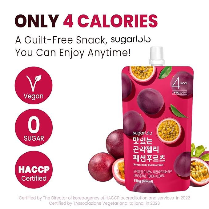 Sugarlolo Konjac Sweet Passion Fruit Jelly Snack - Vegan Jello with Zero Sugar | Only 4 Calories per Pouch | Low Calorie Korean Snacks | 5.29 Oz (150g) | 10 Pack