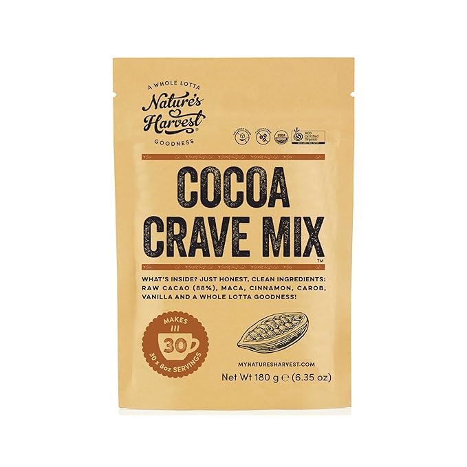 Nature's Harvest Cocoa Crave Mix - 5 Superfood Hot Chocolate Mix with Raw Organic Cacao Powder, Maca, True Cinnamon, Carob and Vanilla | Dark Chocolate Powder | Vegan, Gluten-Free, Unsweetened | 30 Servings