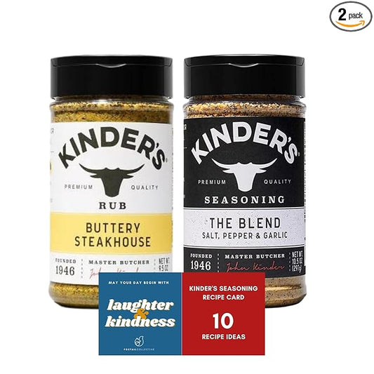 Kinder's Seasoning Duo Bundle: The Blend & Buttery Steakhouse - Two XL 9.5 and 10.5-ounce Bottles + 10 Recipe Ideas + Fridge Decal by FOXTAIL COLLECTIVE. Perfect for Grilling Meats & More, Gluten-Free & Non-GMO
