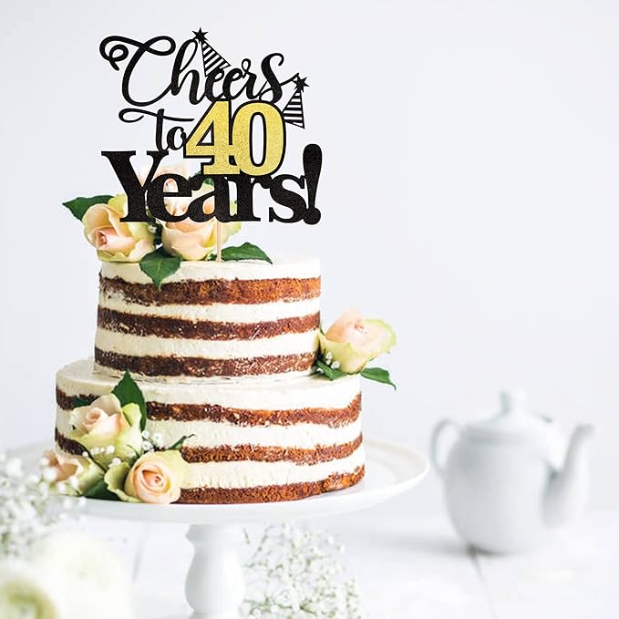 Rsstarxi 1 Pack Cheers to 40 Years Cake Topper Black Glitter Forty Years Old 40th Birthday Cake Pick Decorations for 40th Birthday Wedding Anniversary Party Supplies