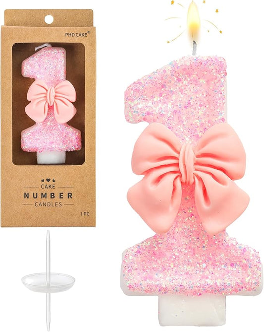 PHD CAKE Number 1 Pink Bowknot Birthday Candles, Cute Themed Number Candles, Party Celebration