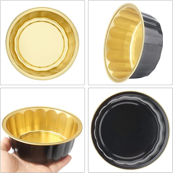 Beasea Disposable Baking Ramekins, 8 oz 100 Pack 3.9" 235ml Aluminum Foil Cups Bake Utility Ramekin Cup Souffle Cup Muffin Cupcake Baking Cup Mini Pudding Cups for Party Wedding Birthday - Black Gold