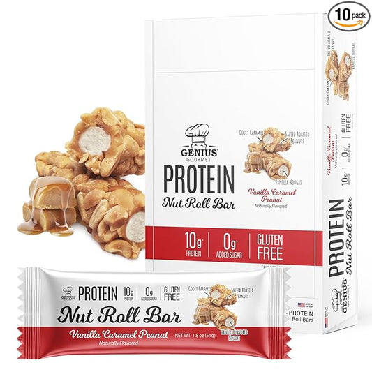 Genius Gourmet Nut Roll Bars Vanilla Caramel Peanut ??10g Protien, Zero Added Sugar, Gluten Free, Non-GMO ??Sweet Snack & Dessert for Adults and Kids ??10 Ct Box
