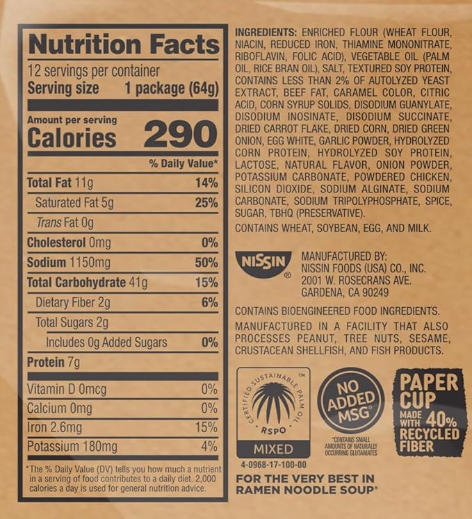 Nissin Cup Noodles Soup, Beef Flavor, Microwaveable Paper Cups, Instant Ramen, 2.25 Ounce (Pack of 12)