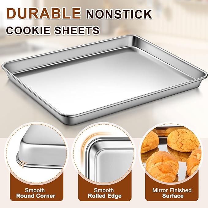 Commercial Quality Stainless Steel Baking Sheet, Extra Large Cookie Sheets for Baking, Warp Resistant Nonstick Baking Pan Oven Tray, Non Toxic & Heavy Duty & Dishwasher Safe - (20" x 14" x 1")