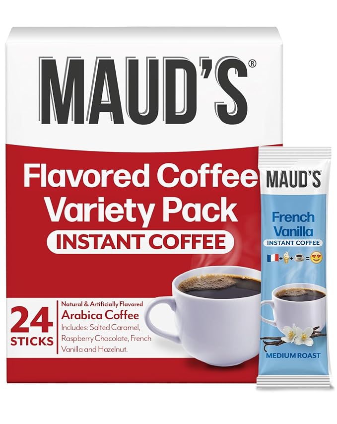 Maud's Flavored Instant Coffee Variety Pack, 24 ct, Caramel, Hazelnut, Raspberry, Vanilla, 100% Arabica Coffee, Medium Roast, Instant Hot or Iced Coffee - Just add water