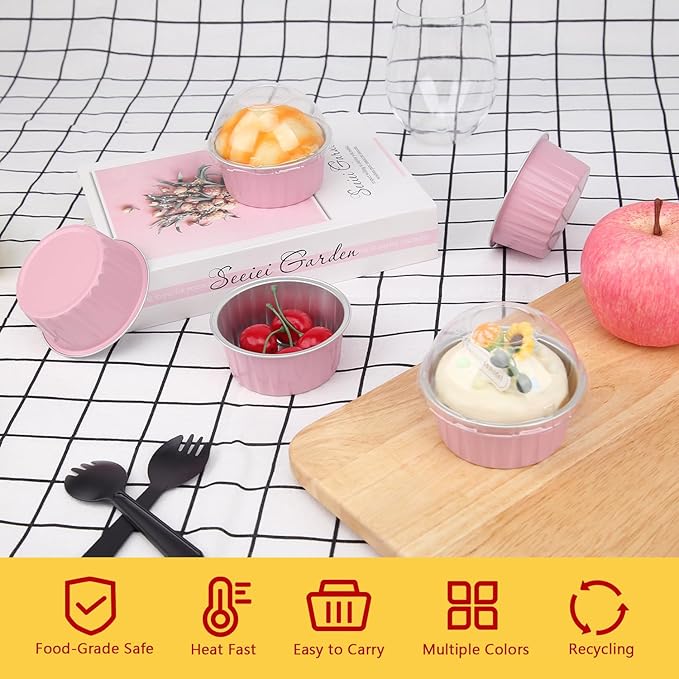 Jumbo Muffin Liners with Lids 50 Pack,Free-Air 5oz Aluminum Foil Cupcake Cups Muffin Tins,Disposable Ramekins Cupcake Baking Pans Cupcake Holders for Custard Mini Pie -Pink