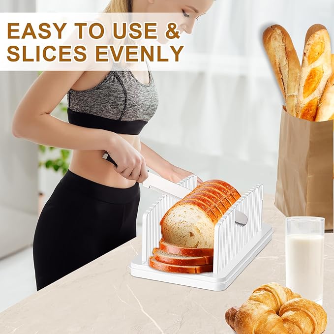 Upgrade Pull Out Bread Slicer for Homemade Bread, Foldable Bread Slicing Guide,Removable Cutting Board, Slice Evenly, Bread cutter slicer Suitable for Bread Making Supplies