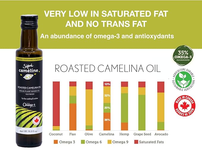 Signé Caméline, Cold-Pressed Roasted Camelina Oil, 16.90 fl oz. Sesame oil substitute. Notes of Roasted hazelnuts, Asian cuisine, Ramen noodles, Sushi, Sautés. Product of Canada.