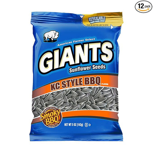 GIANTS KC Style BBQ Sunflower Seeds - Sunflower Seeds Bulk, Roasted Sunflower Seeds to Eat, Flavored Sunflower Seeds BBQ Flavor - 5 oz Resealable Bags (Pack of 12)