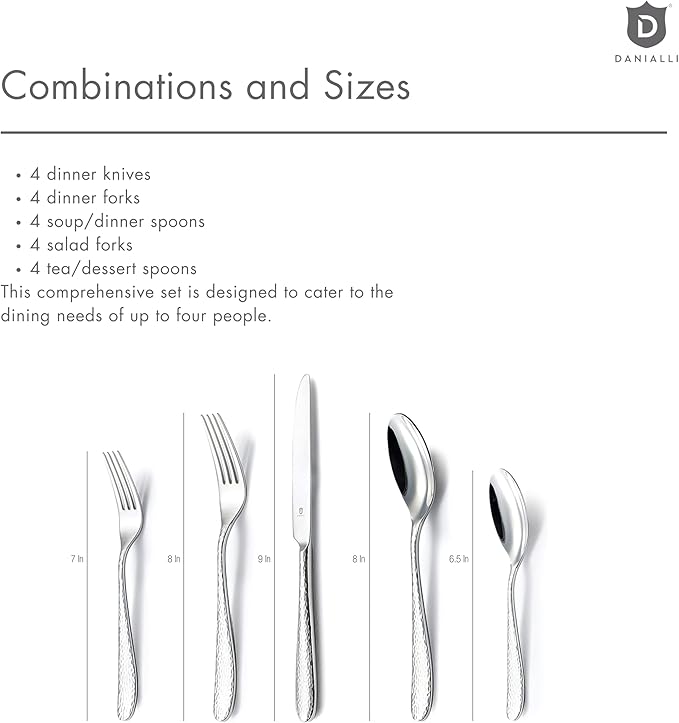 Hammered Silverware Set | Premium 18/10 Stainless Steel Flatware Service for 4 | Heavy-Duty & Dishwasher Safe | Built to Last (20-Piece, Fidenza Hammered)
