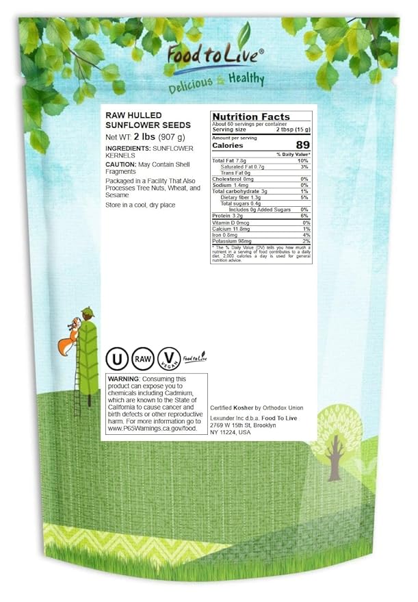 Food to Live Sunflower Seeds, 2 Pounds – Non-GMO Verified, Kernels, No Shell, Kosher, Raw, Vegan, Sirtfood, Bulk
