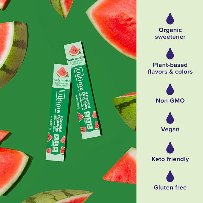 Ultima Replenisher Daily Electrolyte Powder Drink Mix ??Sugar Free ??Watermelon, 20 Stickpacks ??Hydration Packets with 6 Electrolytes and Trace Minerals ??Keto Friendly, Vegan, Non-GMO