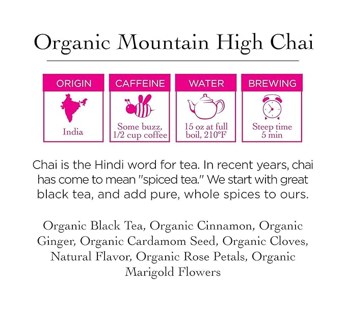 Two Leaves and a Bud Organic Mountain High Chai Tea Bags, Whole Leaf Black Tea and Spices in Compostable Sachets, Add Milk and Sweetener or Drink Plain, 15 Count (Pack of 6)