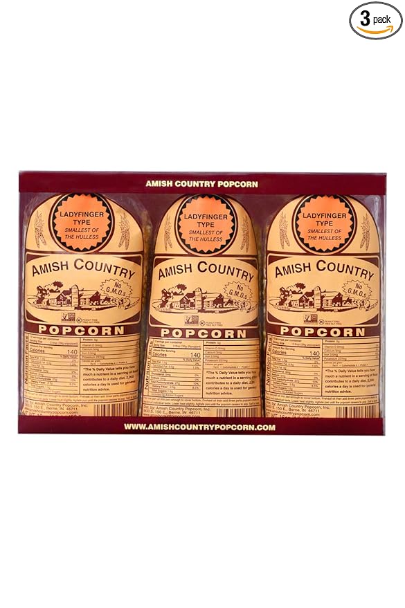 Amish Country Popcorn | 3 (1 Lb Bags) Ladyfinger Kernels Gift Set | Old Fashioned, Non-GMO and Gluten Free