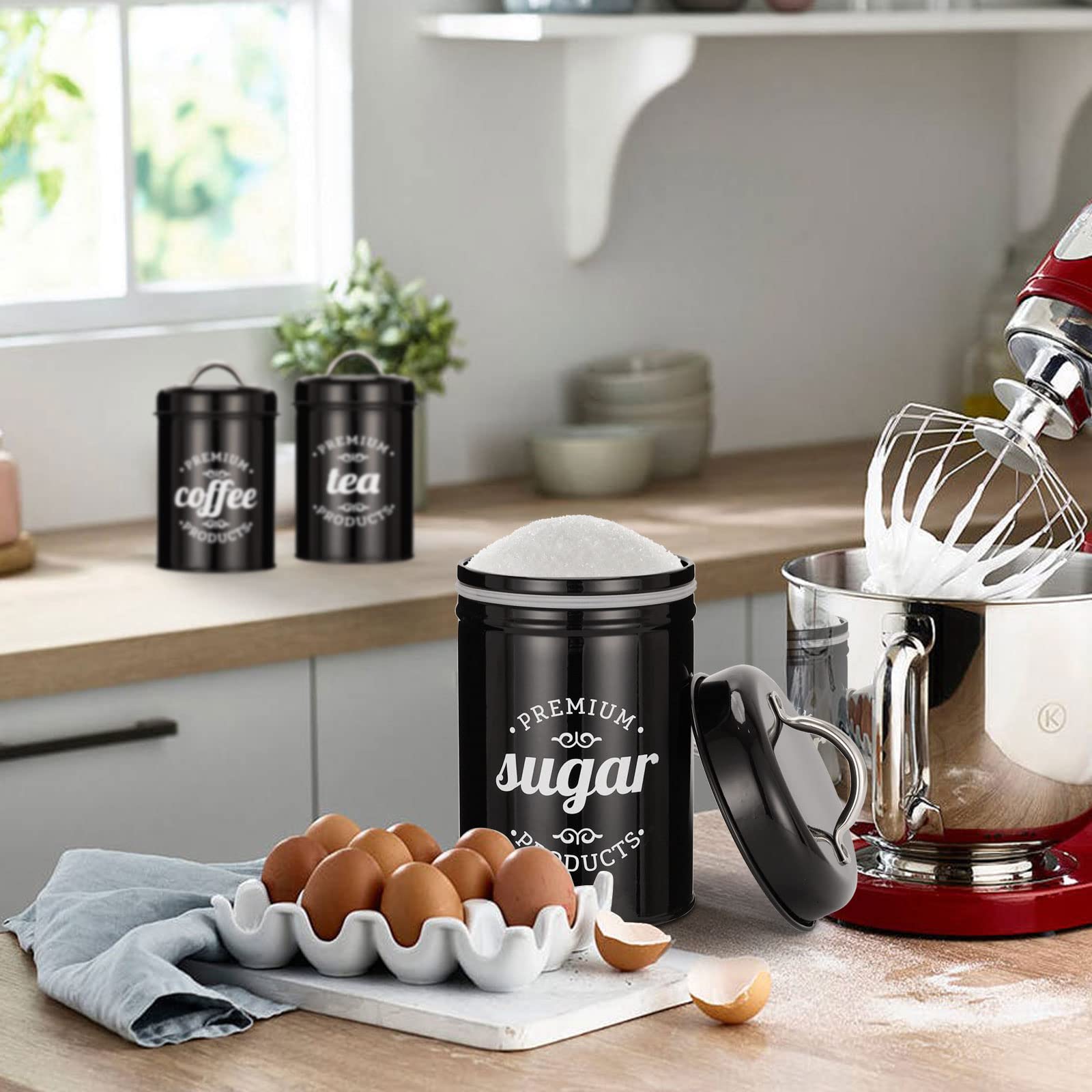 Dxlac 3 Piece Food Jars Canisters Sets, Airtight Coffee Container, Tea Organizer, And Sugar