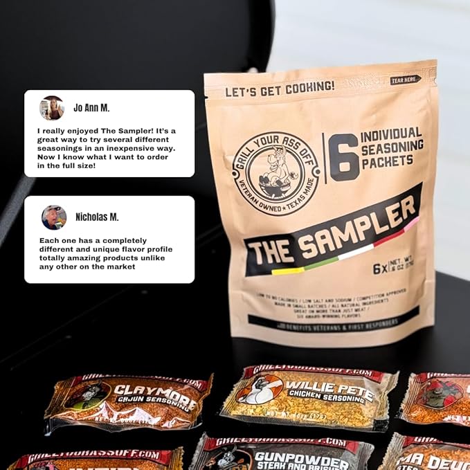 Grill Your As* Off Sample Pack Spices and Seasonings - (6 Pack) BBQ & Grill Seasoning for Beef, Steak, Burgers, Pork & Chicken - MSG & Gluten Free BBQ Rub & Steak Seasoning - USA Made & Veteran Owned