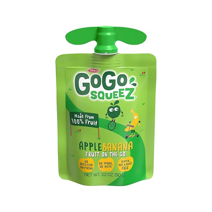 GoGo squeeZ Applesauce and Fruit Puree, Apple Banana, 3.2 oz (Pack of 48), Unsweetened Fruit Snacks for Kids, Gluten Free, Nut Free and Dairy Free, Recloseable Cap, BPA Free Pouches