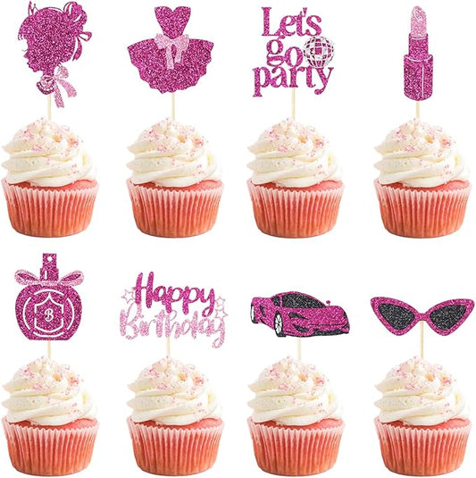 24 Pcs Glitter Princess Cupcake Toppers Pink Girl Cupcake Picks Let's Go Party Lipstick Cake Decorations for Girl Princess Theme Bridal Shower Wedding Birthday Party Supplies