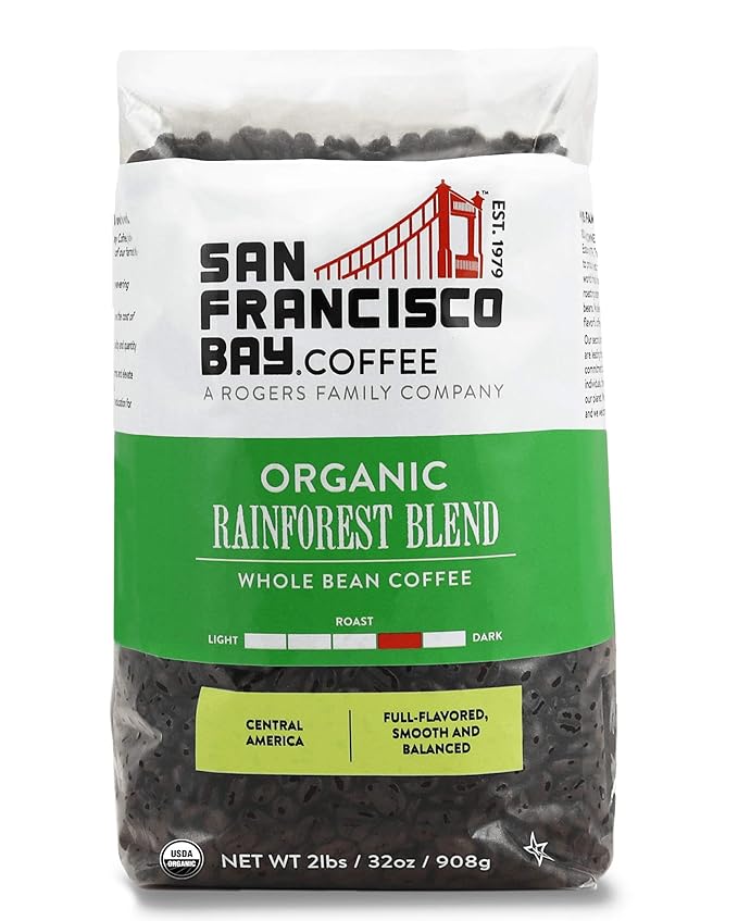 San Francisco Bay Coffee - Medium-Dark Roast Whole Bean Coffee - Organic Rainforest Blend (2 lb bag) - UDSA Organic