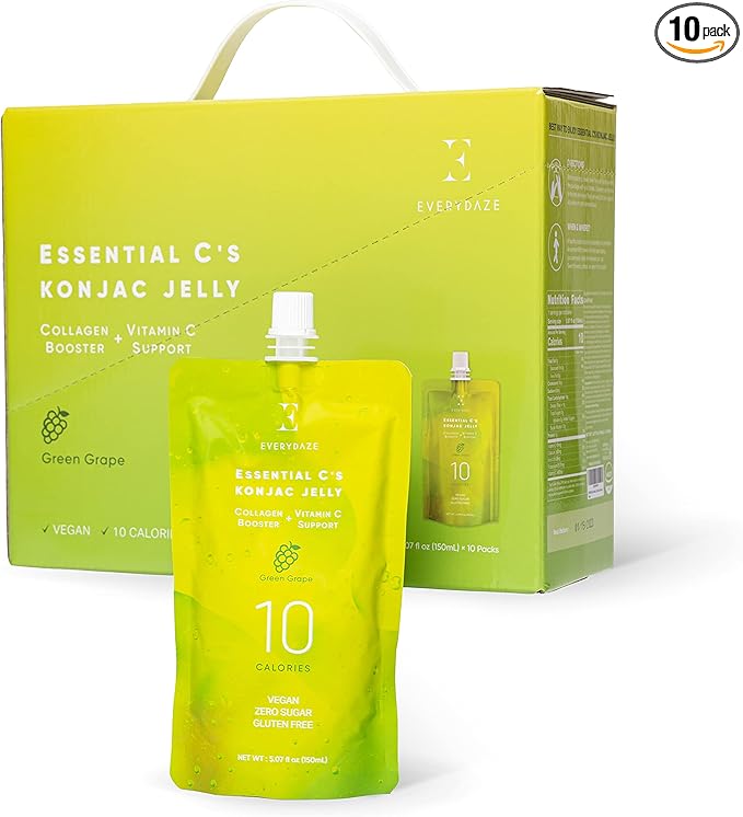 EVERYDAZE Essential C?셲 Konjac Jelly | Green Grape | Vegan Collagen Peptides and Vitamin C | Gluten Free, Sugar Free, Low Calorie | Healthy Drinkable Fruit Snack | 10 Pack Box Food Drink Pouch