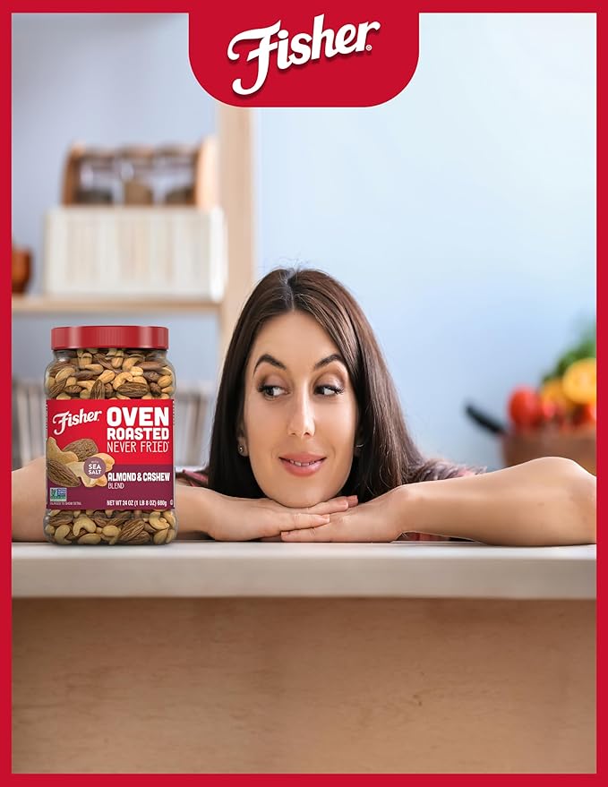 Fisher Oven Roasted Never Fried Almond & Cashew Blend, 24 Ounces (Pack of 1), Healthy Snacks for Adults, No Added Oil, Artificial Ingredients or Preservatives, Trail Mix, Gluten Free