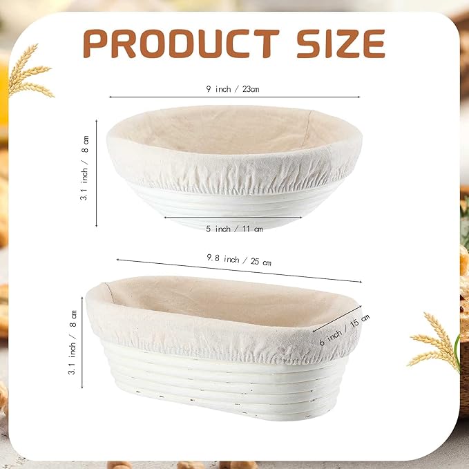 Nuanchu 4 Pcs Proofing Basket 9 Inch Round Bread Proofing Basket 10 Inch Oval Rattan Baking Bowl for Sourdough Bread Baking Home Bakers