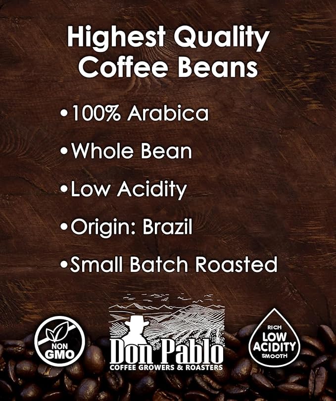 5LB Don Pablo Gourmet Coffee - Brazil Cerrado - Medium Dark Roast - Whole Bean Coffee - 100% Arabica Beans - Low Acidity and Non-GMO - 5lb bag